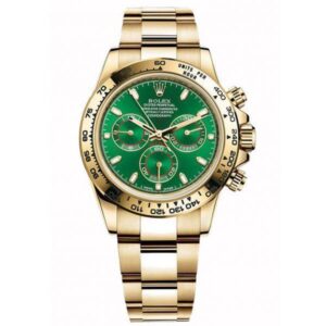 Copy Rolex Daytona Green 116508 Replica – Premium Super Clone featuring yellow gold-plated case, green dial, and chronograph functionality for luxury and performance